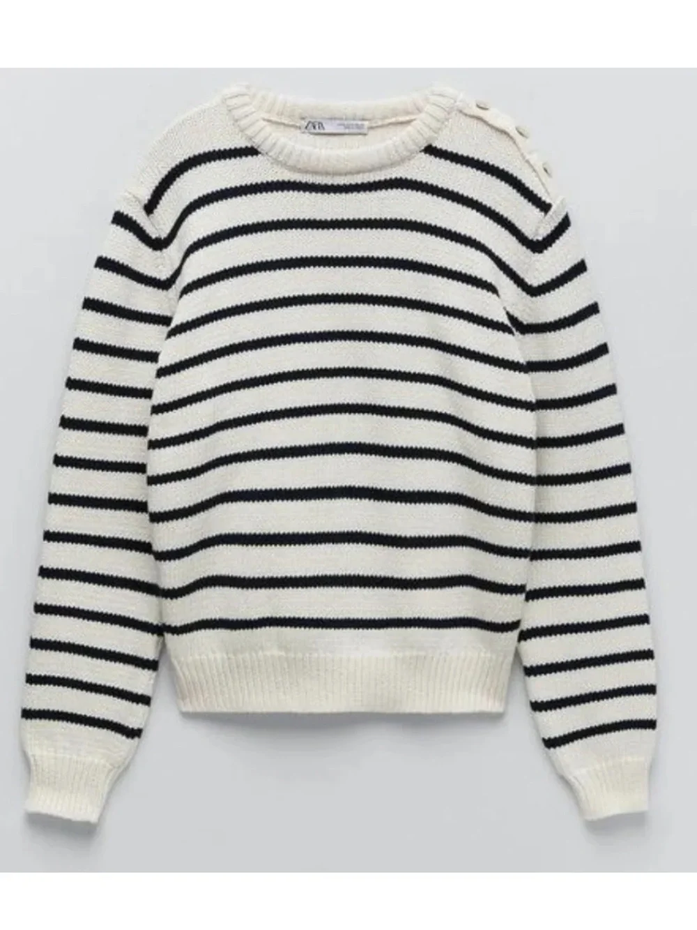 Zara Striped Knit Pulllover Crewneck sweater Jumper XL Black Cream Gold Button